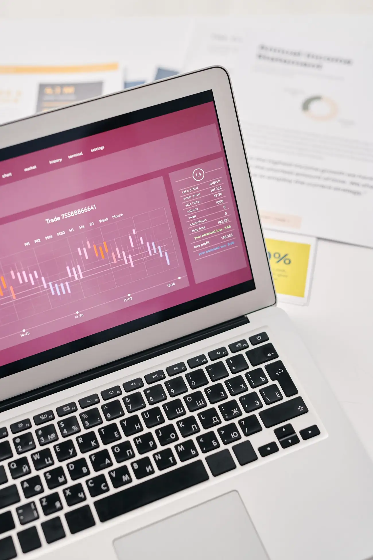 Laptop showing analytics graphs beside reports