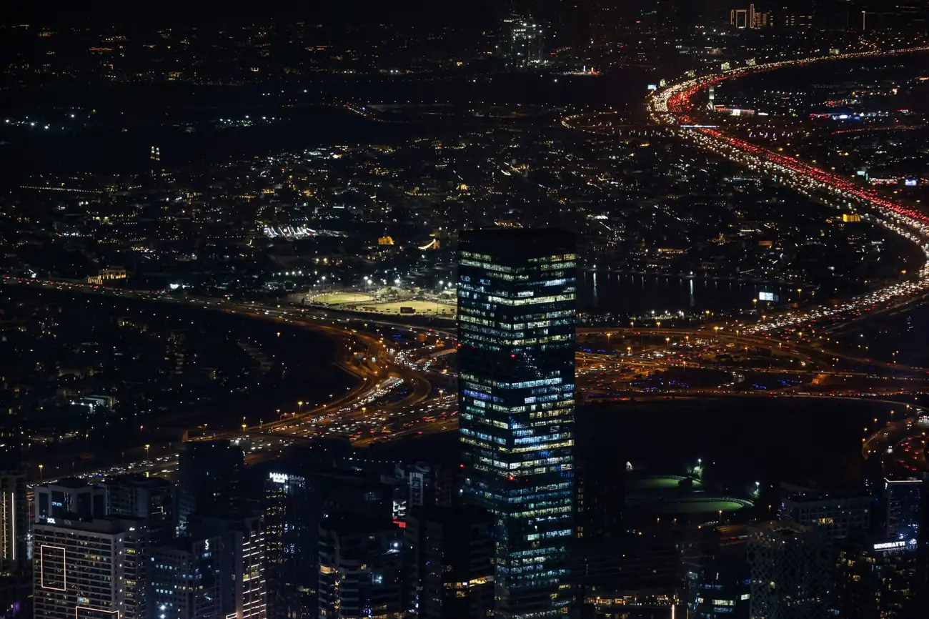 Aerial view of Dubai business district at night