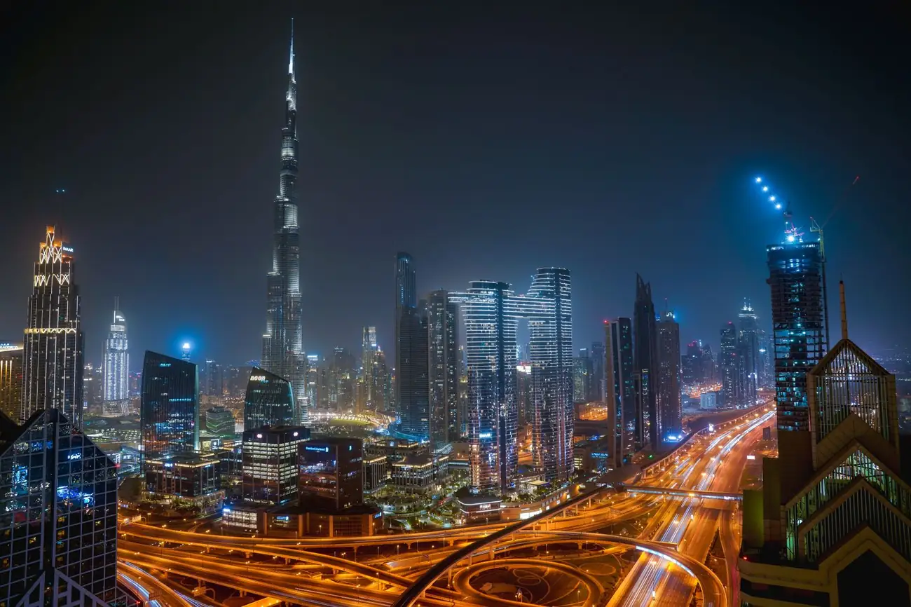 Dubai skyline at night with Burj Khalifa
